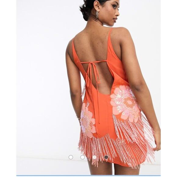 ASOS Design Floral Applique Slip Mini Dress Orange Embellishment Sparkle Size 8 - Picture 3 of 10